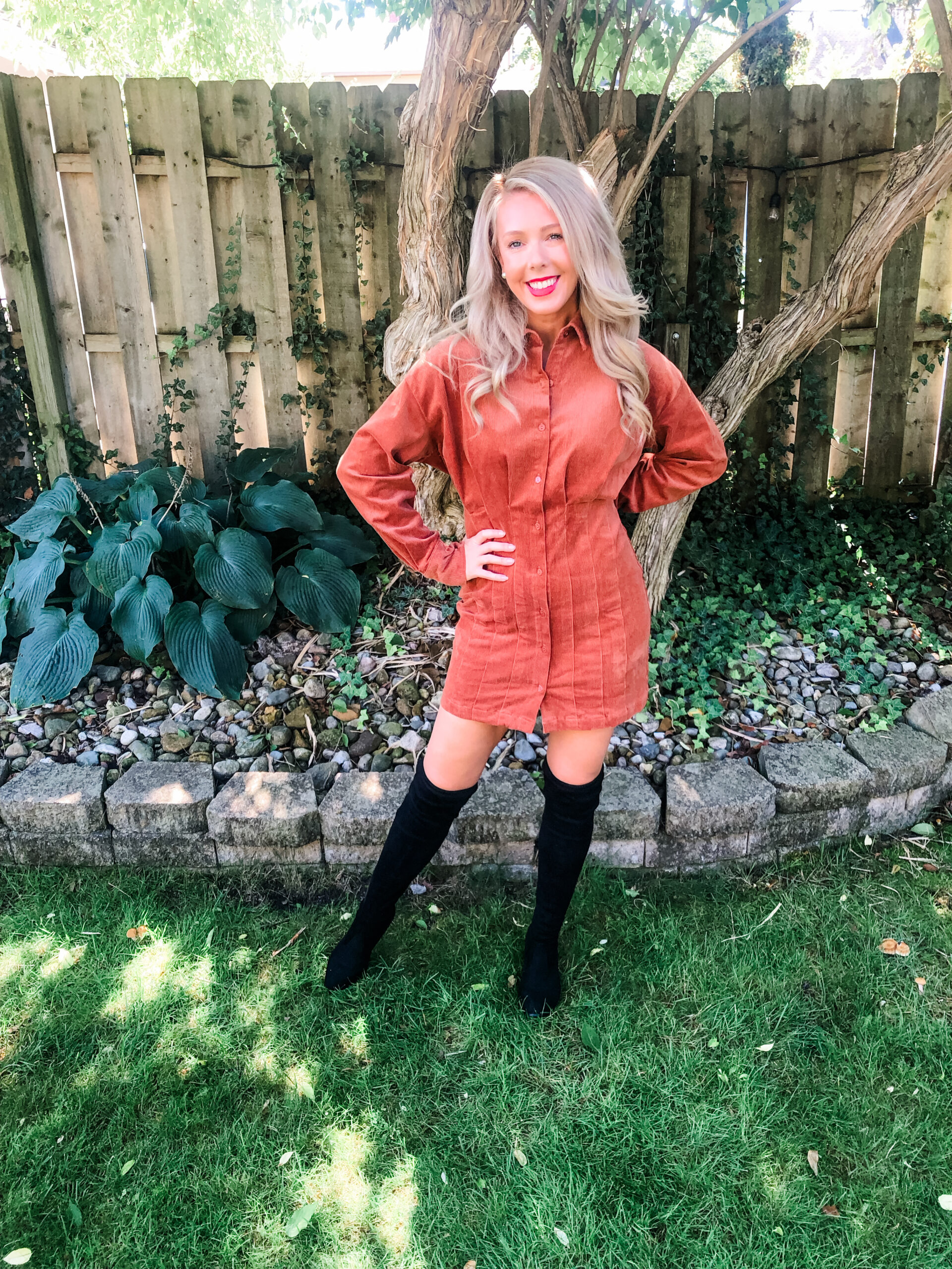 Boston Chill Corduroy Dress in Rust Curves • Impressions Online Boutique