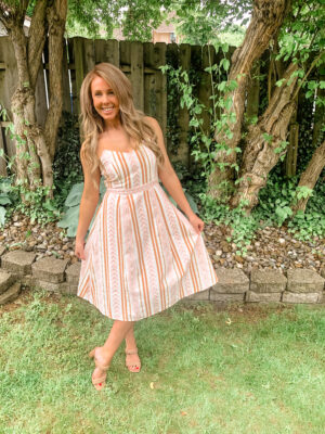 Bohemian print striped dress. Striped Dresses. Coral and White dress.